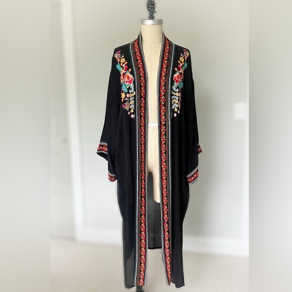 Johnny Was Bohemian Floral Embroidered Black Duster Cardigan Long Medium